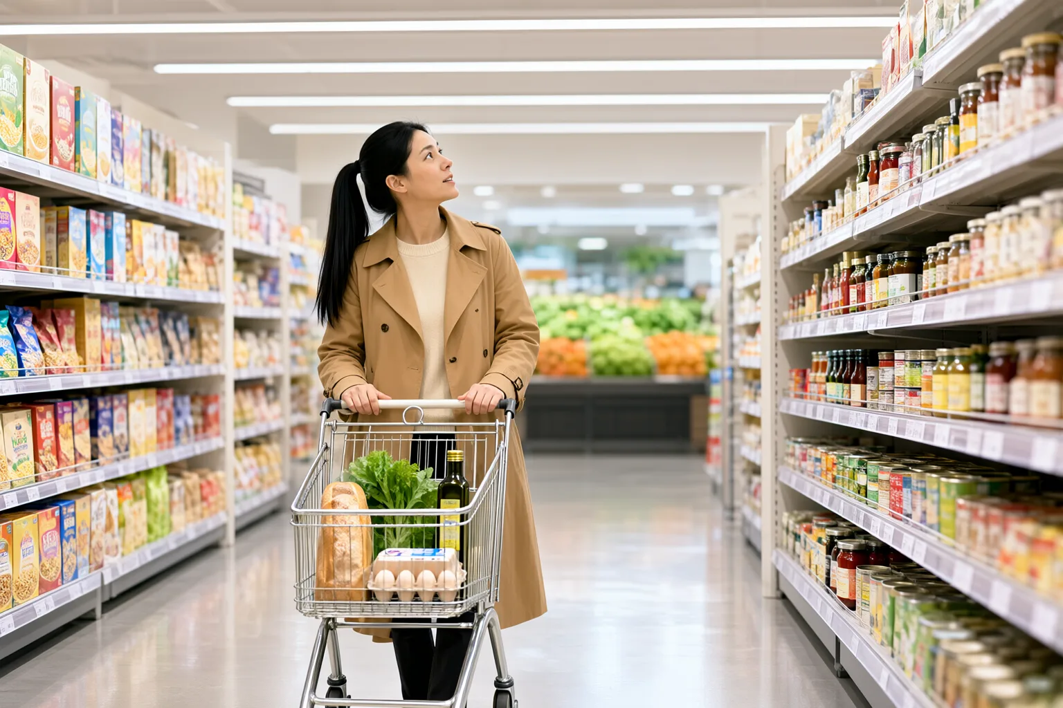 Shopper browsing a supermarket aisle