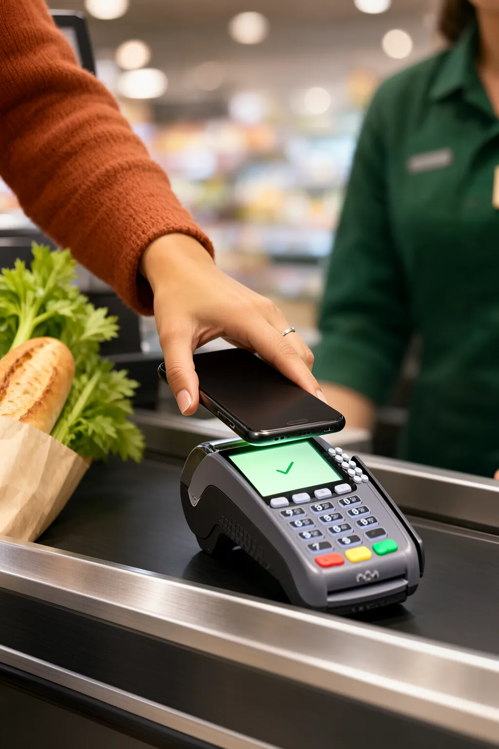Customer paying at a supermarket checkout