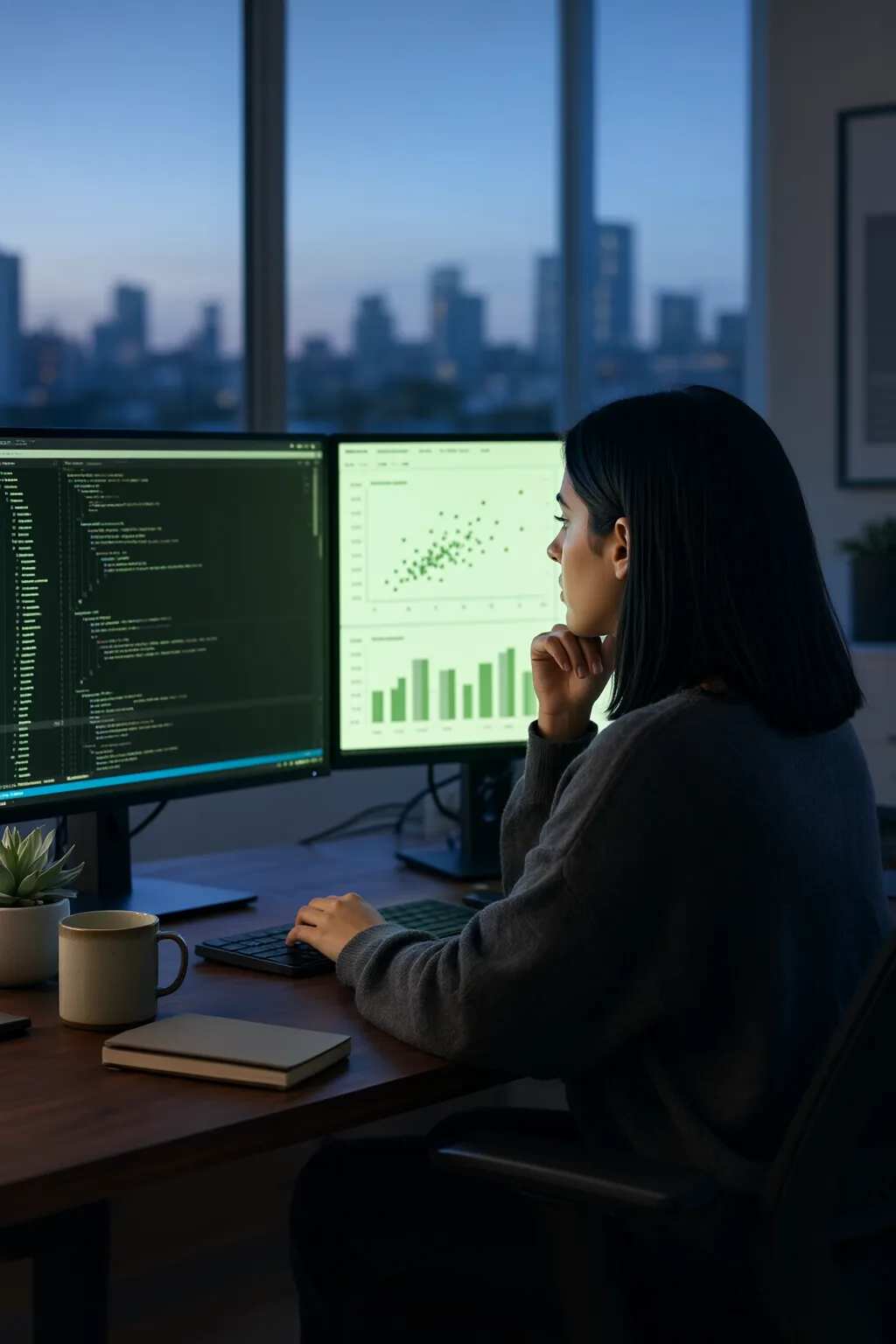 Data scientist working with code and dashboards