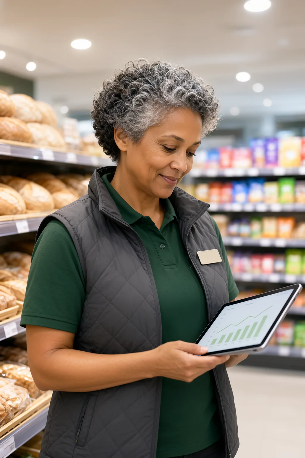 Store manager reviewing sales insights on a tablet