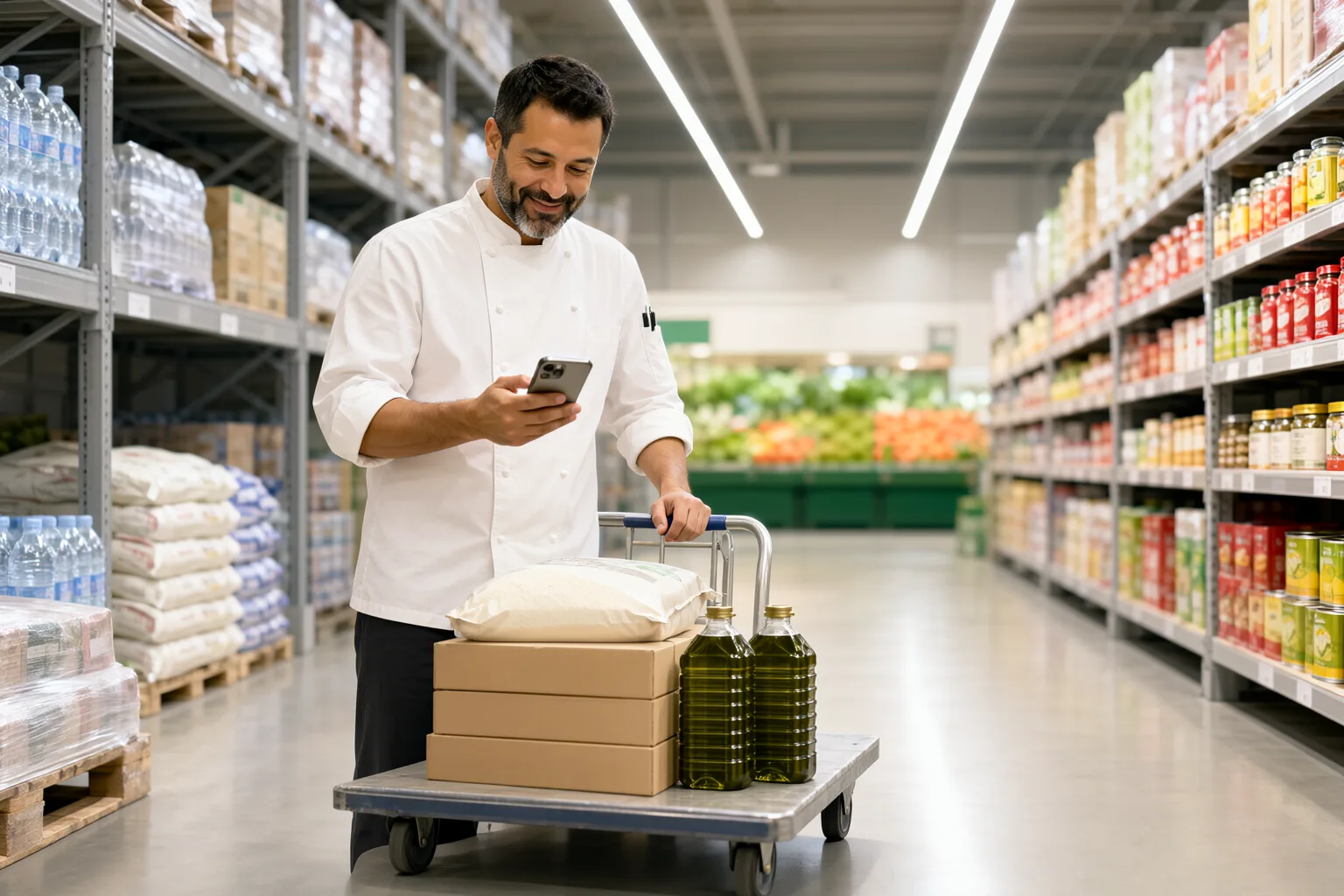 Chef checking an offer on his phone while restocking at a wholesale store